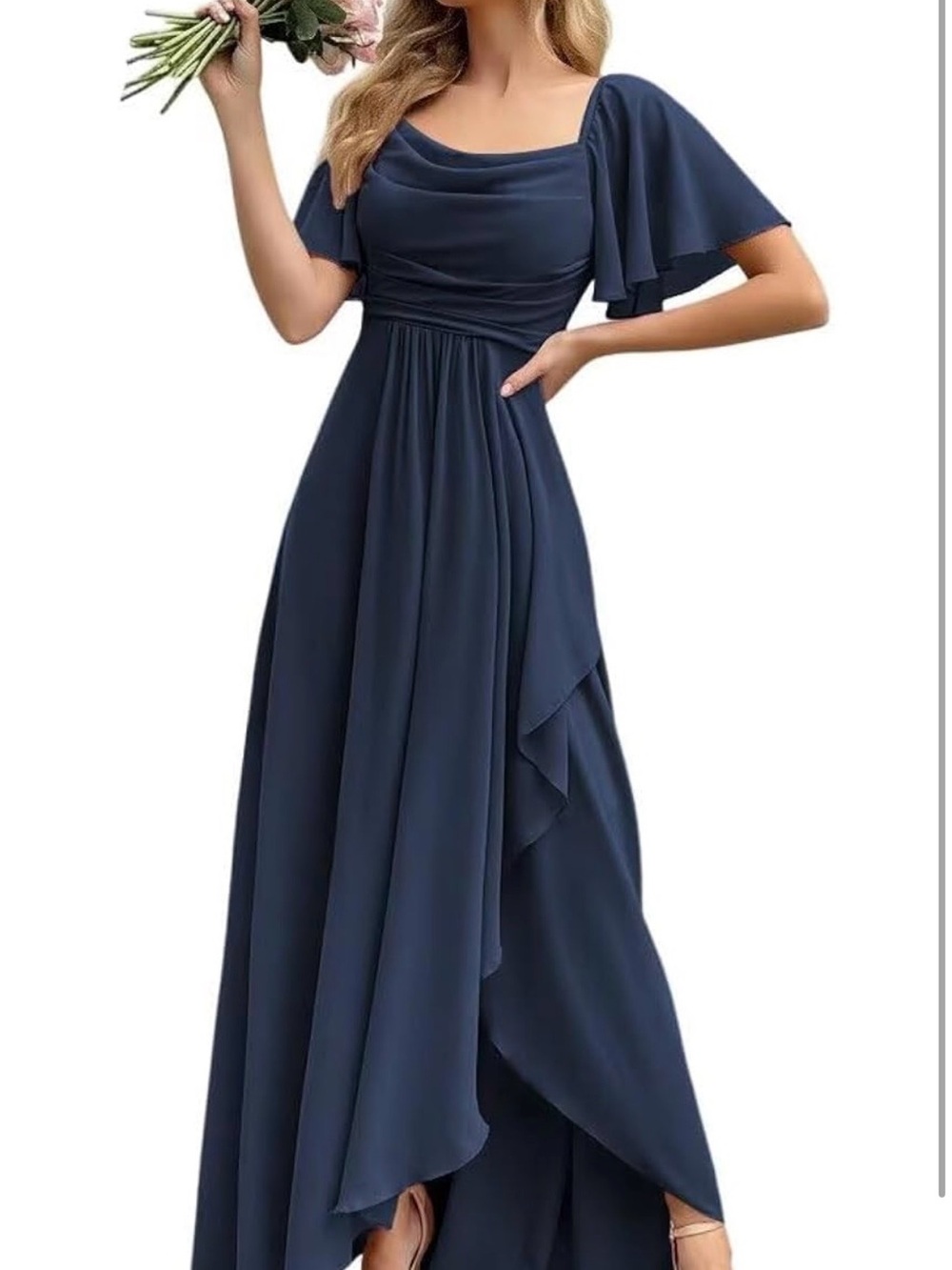 Navy Blue Flutter Sleeve Maxi Dress